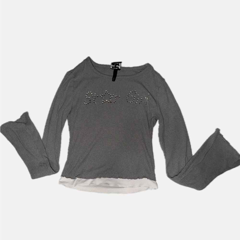 Gray Long Sleeve Top with Rhinestone Detail